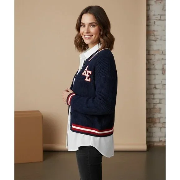 NWT American Eagle Cropped Letterman Cardigan Jacket • Y2K Preppy Collegiate S/M - Picture 14 of 16